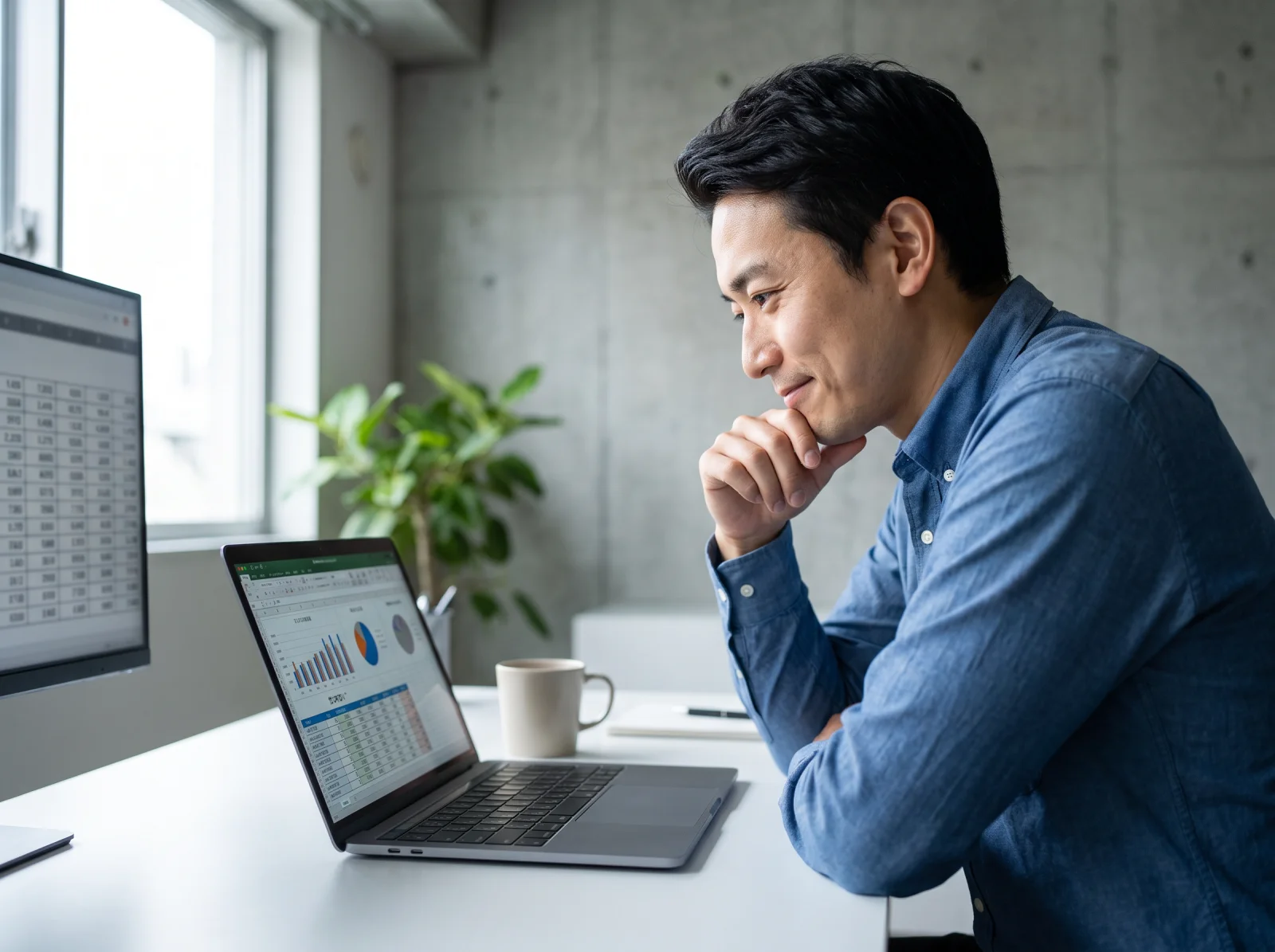 Financial controller reviewing charts and spreadsheets on a laptop at a modern office desk
