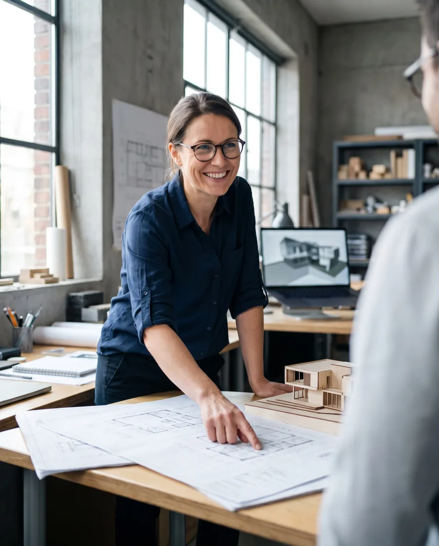 Architectural designer reviewing blueprint drawings and a scale model at a studio desk